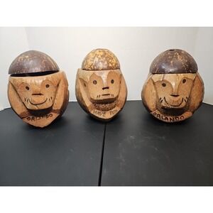 Set of Tiki Bar Drink Holder Carved Coconut Tropical Monkey Souvenir